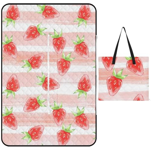 ducanll Pinke Picknickdecke, extra groß, 150 x 100 cm, Outdoor-Decke, Wasserpinsel, Zeichnung, Erdbeere, Stranddecke, waschbar, faltbar, tragbar, Stranddecke, wasserdicht, sanddicht