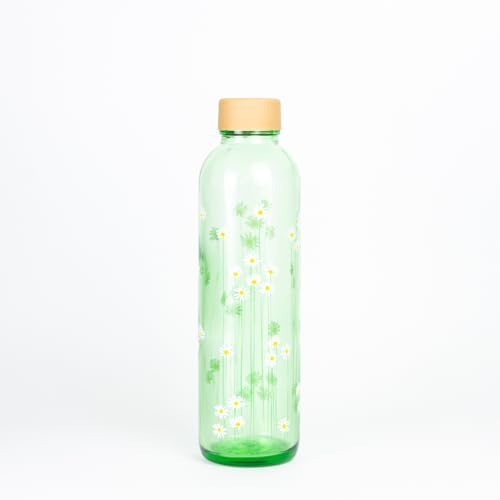 Carry Green Carrybottles grüne Recycling-Trinkflasche Glas 0,7 l | Sportflasche, Wasserflasche | BPA-frei, auslaufsicher (Green Daisy)