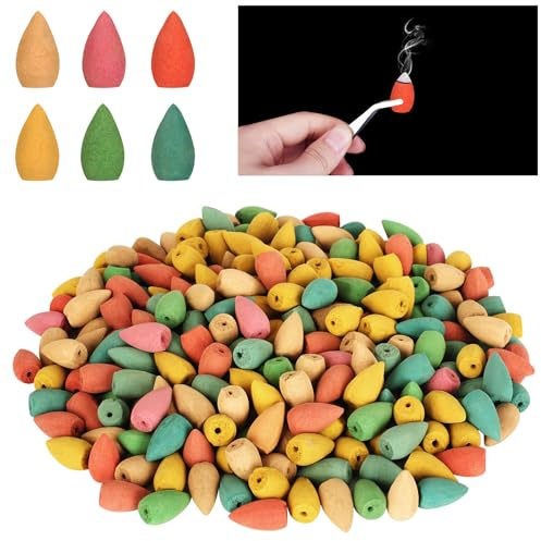 KAHOUI 300 Pcs Colorful Incense Cones, Waterfall Backflow Incense, Lavender Jasmine Mugwort Rose Sandalwood Scents, Tweezers Included, for Tea Room Study Office