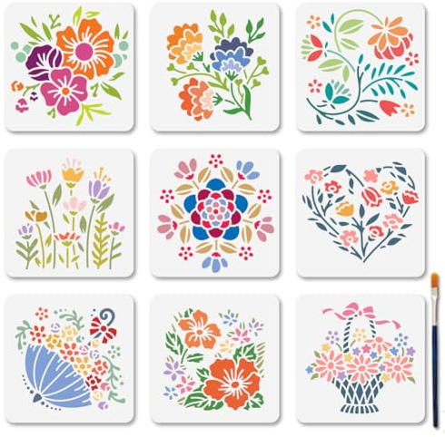 MAYJOYDIY 9 Stück Blumenschablone Blumenkörbe Kunstschablonen 15×15cm Wiederverwendbare Blumenschirm Bastelschablonen Mit Pinsel Blumenliebesvorlage Zum Basteln Auf Fenster Holzwänden Heimdekoration