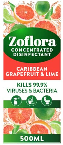 Zoflora Carribean & Grapefruit Concentrated Multipurpose Disinfectant Liquid, Antibacterial & Multi-Surface, Pet Safe, Kills 99.9% of Bacteria & Viruses, 1 X 500 ml