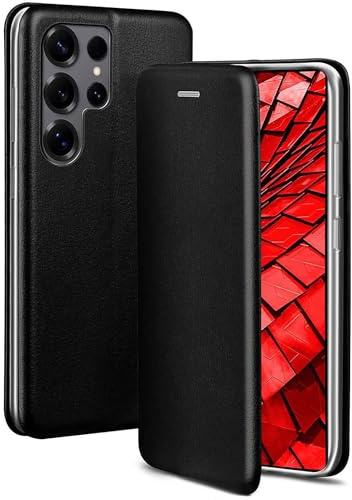 ONEFLOW Handyhülle kompatibel mit Samsung Galaxy S25 Ultra - Hülle klappbar, Handytasche mit Kartenfach, Flip Case Call Funktion, Leder Optik Klapphülle mit Silikon Bumper, Schwarz