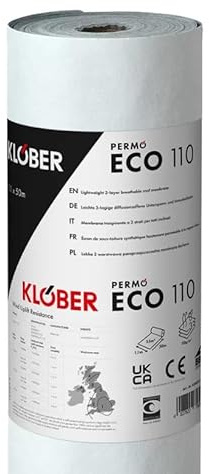 Klober Permo Eco 110 Breathable Roofing Membrane – Lightweight 3-Layer, BBA Approved, Vapour-Permeable Underlay for Warm & Cold Pitched Roofs, Recyclable Fleece | 1.1m x 50m (110gsm)
