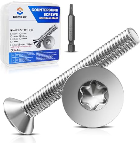 Gomeer 30 Stück M4 x 25 mm Senkkopfschrauben Torx Innensechskant aus A2 V2A Edelstahl Schrauben mit Torx Schlüssel Sechskant Schrauberkopf Norm ISO 14581 / DIN 965,für Maschinen, Möbel,Reparaturen
