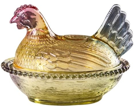 Falytemow Glass Crystal Hen-Shaped Candy Dish, Creative Chicken Design Fruit Bowl with Lid for Tabletop Decoration, Dessert Snack Plate for Home, Office, Wedding Decor (Yellow)
