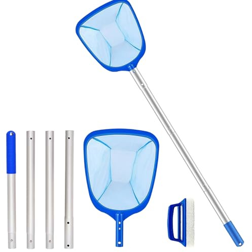 JOLYLINT Épuisette de Piscine avec Manche Télescopique, 4 Pièces, Épuisette à Feuilles avec Brosse Piscine, Kit de Nettoyage de Piscine, Épuisette à Maille Fine, Convient pour Piscines, Bains
