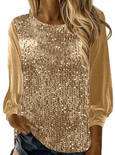 Generisch 2025 Camicetta da Donna, Scollo Tondo, Maniche Lunghe, Paillettes Sciolte, Camicetta Elegante da Donna con Cravatta, gold, L