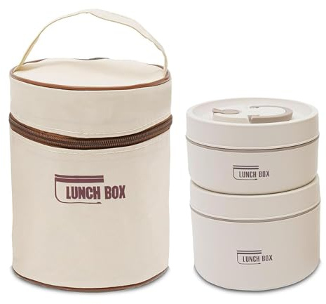Kongming Fiambrera térmica de acero inoxidable 304 con bolsa y cubiertos, 2 recipientes térmicos para alimentos, mantener la comida caliente, a prueba de fugas para el hogar, oficina, picnic (beis
