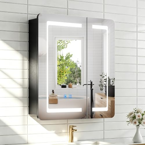 LUMIRRORS® LED Bathroom Mirror Cabinets with Shaver Socket 60x70cm Black | 2-Doors Wall Mounted Medicine Cabinet, 3-Colour Dimming, Demister, bathroom storage, 2h Auto-Off & Ready Assembled