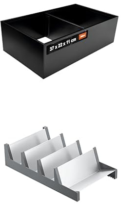 Bundle aus Blum AMBIA-LINE Schubladen-Organizer aus pulverbeschichtetem Stahl | 37×22×11 cm | Carbonschwarz + AMBIA-LINE Gewürzregal für bis zu 16 Gewürzgläser oder -packungen | Oriongrau