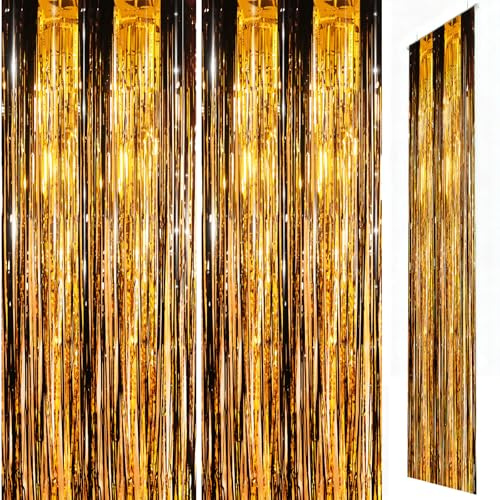 Black and Gold Foil Door Curtain Decorations, 2pcs 3.2ft x 8.3ft Tinsel Curtains Fringe Backdrop, Black and Gold Streamers Door Hanging Decor for Birthday Wedding Bridal Shower Bachelorette Party.