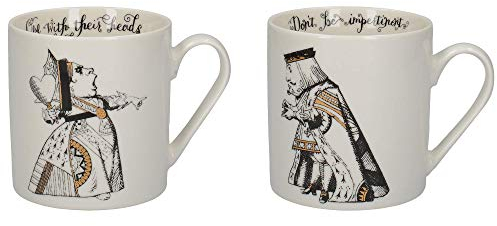 V&A C000047 - Set di 2 tazze, a tema Alice nel paese delle meraviglie, in confezione regalo, grafica con il Re e la Regina di Cuori, in porcellana fine, 350 ml, colore bianco, nero e oro