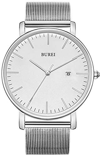 BUREI Minimalist - Orologio da uomo Classy Date Gents con cinturino semplice grande quadrante in acciaio inossidabile, Bianco argento, Bracciale