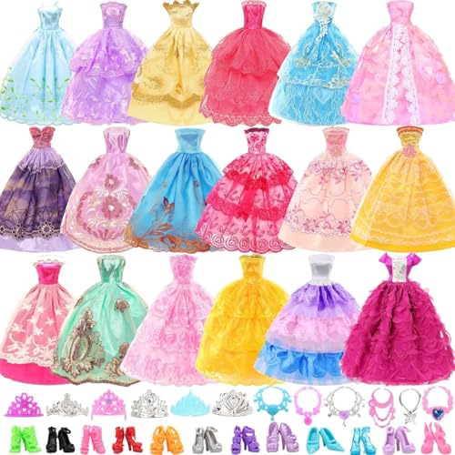 Miunana 27 Accesorios Boda Fiesta Noche Vestidos para 11.5 Pulgadas 30 CM Muñecas = 10 Vestidos + 5 PCS Zapatos + 6 Cadenas + 6 Coronas