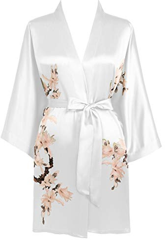BABEYOND Morgonrock för kvinnor, blommor, tryckt sommarmorgonrock, kimono, kort, rock, lätt, sovrock, damer, satin, strandklänning, Vit, one size