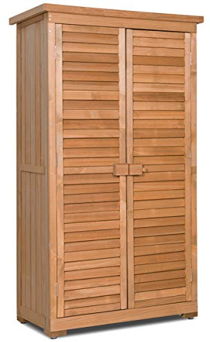 GOPLUS Gartenschrank aus Tannenholz, Wetterfester Gerätschrank mit Lamellentüren und Bitumendach, Gartenhaus mit 2 herausnehmbaren Einlegeböden, Geräthaus, Gerätschuppen, Wergzeugschuppen