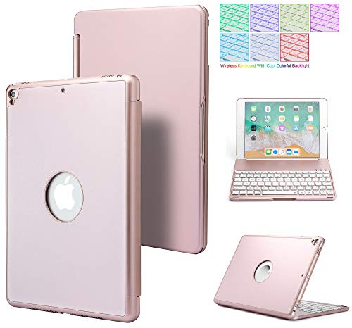 QYiD Funda con Teclado para 9.7 iPad 2018 (6ª Gen) - 2017 (5ª Gen) - iPad Pro 9.7 - Air 2 & 1, 7 Colores Retroiluminación Teclado Bluetooth 360 giratoria Funda de Aluminio, Auto Sleep/Wake, Oro Rosa