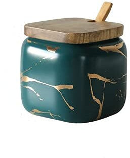 Crysdaralovebi Juego de tanques de condimentos de cocina de estilo nórdico creativo con diseño de mármol de cerámica con cubierta de madera para salero y especias (verde 1 unidad)