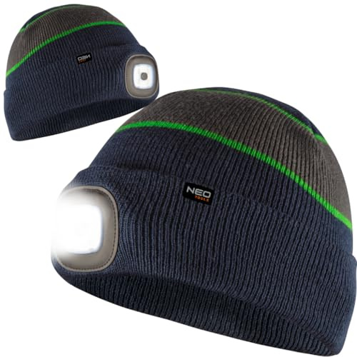 NEO TOOLS LED Mütze mit Licht, LED-Taschenlampe, Beleuchtete, 100% Acryl | Max 180 Lumen, Eingebautem Akku und USB-Ladeanschluss, Wasserdicht, Stirnlampe (marineblau-grau-grün)