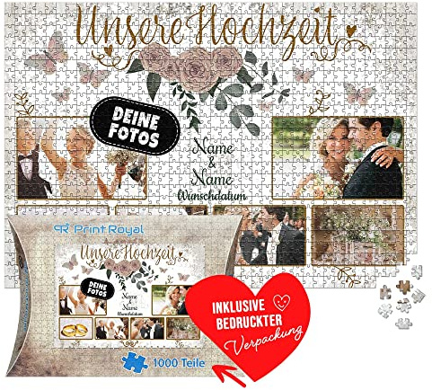 Foto-Puzzle selbst gestalten - Unsere Hochzeit - mit Namen, Datum und 6 Fotos personalisierbar, Hochzeitsgeschenke | personalisiertes Geschenk, 1000 Teile, inkl. Kartonverpackung