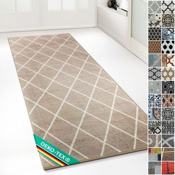 Floordirekt Teppichläufer mit Muster - maßgefertigter Feinschlingen Teppich Läufer für Küche, Flur & Wohnraum - Ornament Vintage Orient Gitter (80 x 200 cm, Cosenza Beige)
