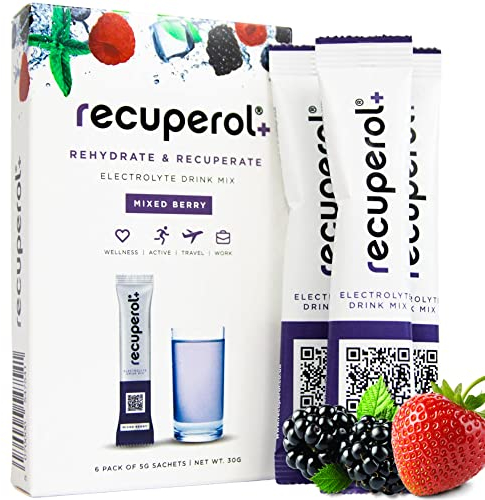 Recuperol Rehydration & Recovery Electrolytes Powder Supplement for Dehydration, Replace Electrolytes (Mineral Salts) & fluids, Zinc, Vitamin C, B12, D3, Potassium, Mixed Berry - 6 Sachets