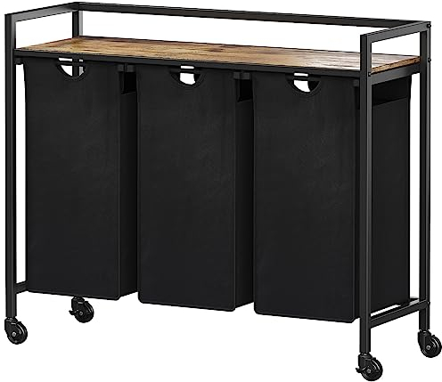 Lifewit Wäschekorb 3 Fächer auf Rollen, 120L/40x3L Wäschesammler mit Ablage und herausziehbaren Säcken, Wäsche sortiersystem, Waschesammelbox für Schlafzimmer, Badezimmer, 95,5x 33,5x 78cm, Schwarz