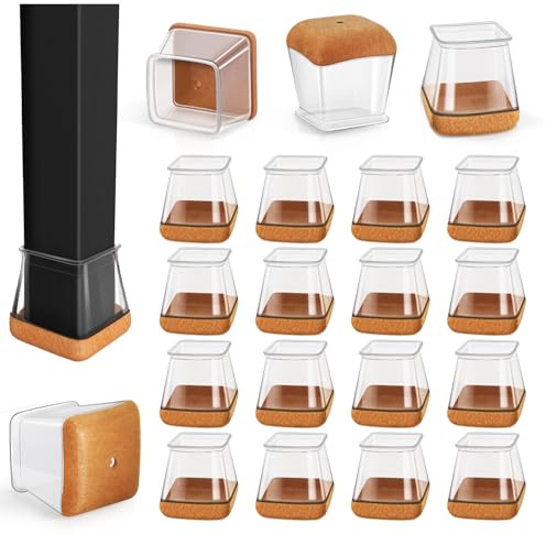 RKELA Square Chair Leg Floor Protectors, 16 Pcs. Medium Clear | Silicone Chair Leg Covers Caps with Felt Pads for Hardwood Floors, Furniture Feet Protectors Pads, Fit 20-26mm