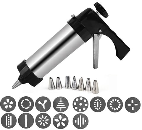 Fokroin Gebäckspritze, Edelstahl-Gebäckpresse, Edelstahl-Gebäckpresse mit 13 Vorlagen und 8 Düsen, Teigspritze tragbare Gebäckpresse, DIY-Kekspresse, Kuchen, Keksbackzubehör
