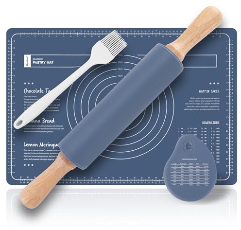 Metamorisy Wooden Rolling pin & Silicone Baking mats Set,Pastry Brushes and Dough Scraper, 38cm Dough Roller,60X40 Silicone Pastry mat,Baking Set of 4 (Blue)