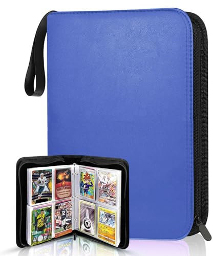 Sammelkarten Album, 50 Seiten Kapazität Sammelalbum Karten, PU Leder Karten Halter Heft Ordner Buch mit Reißverschluss, Wasserdicht Tragbar Sammelmappe, Geschenk für Kinder (Blau 400 Karten)