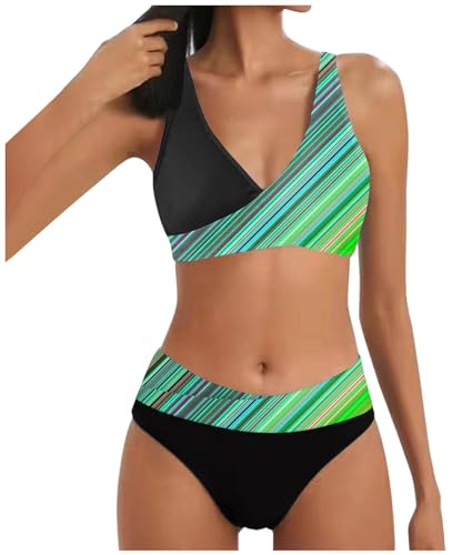 Allegorly Damen Bikini Set Triangel Breites Unterbrustband Zweiteiliger Badeanzug Wickeloptik Lace Up Bikini V Ausschnitt Blumenmuster Zweiteiliger Badeanzug Swimsuit (1D-Green, L)