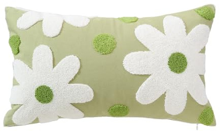 DECOBIRD Embroidery Throw Pillow Cover 12x20 Green-White Floral Design Home Decor Loop Embroidered Pillow Case Thick Cotton Canvas Rectangle Cushion Cover for Couch 30x50cm, 1 Piece