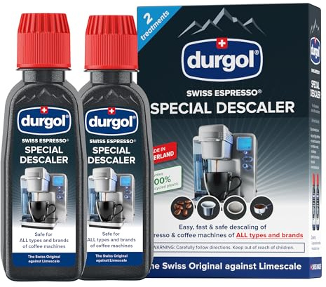 Durgol Avkalkningsmedel för kaffemaskiner, schweizisk espresso specialavkalkningsvätska kompatibel med alla kaffebryggare, 2 x 125 ml