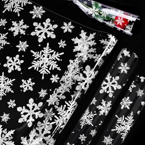 Christmas Wrapping Paper - 5m×80cm 3D White Snowflake Hamper Wrapping Cellophane Paper,Clear Gift Wrap for Christmas and Xmas Present Gift Party Packaging(Folded in Half)