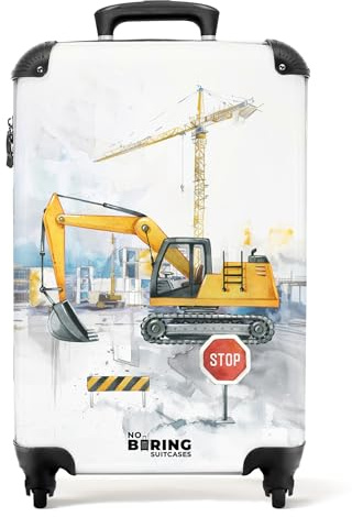NoBoringSuitcases.com Kinderkoffer Jungen, Reisetasche Mit Rollen, Reisekoffer, Koffer Kinder Jungen, Kindertrolley, Hartschalenkoffer, Handgepäck 55x40x20 cm (Baustelle mit Bagger - Gelb)