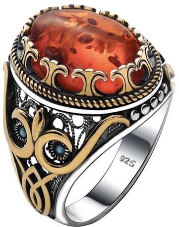 Genuine Solid 925 Sterling Silver Ring for Men Accented with Bronze, Simulated Amber Stone, Authentic Vintage Turkish Ottoman Style (Simulated Amber, 7)