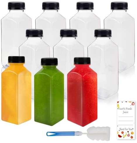 Lissomballon 10 Pcs 12oz Plastic Juice Bottles With Caps, Reusable Food Grade Chear Juice Containers for Juicing, Smoothies, Coffee, and Other Beverages