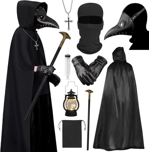 Celvibe Costume de docteur de peste, avec capuche, costume de médecin de la peste, avec long nez, masque de bec d'oiseau, steampunk, tenue noire pour Halloween, cosplay