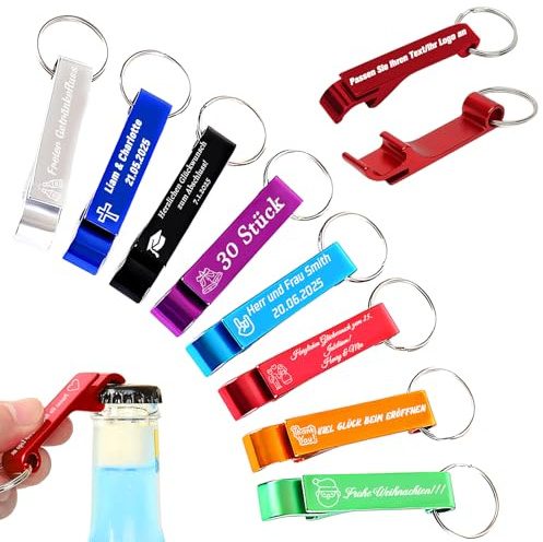 Lot de 100 Décapsuleur Porte-Clés Personnalisé en Aluminium, Multifonctionnel Ouvre Bouteille, Gravure Texte/icônes/Datum/Name, Cadeau Mariage Événements Festivals Rassemblements (30)