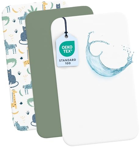 Dreamzie - 2 Baby Spannbettlaken 50x83 + 1 Wasserdichter Matratzenschoner | 3er Set für Babybett · 100% Baumwolle · Hypoallergen · OEKO-TEX zertifiziert · Kinderwagen & Babybett · Savannenmotiv