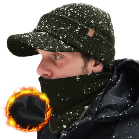 TOP-EX DryKnit™ 50% Merinowolle Wintermütze im Set Herren Damen Schirmmütze, Warm Beanie Mütze mit Schirm, Wasserdichtem Fleecefutter und Fleece-Halswärmer Strickmütze für Running Hiking, Green M
