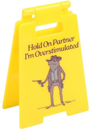 desk sign, hold on partner i'm overstimulated sign, funny desk - Yellow Frog Pattern Office Decor, Stress Relief Gift for Colleagues, Coworkers and Friends