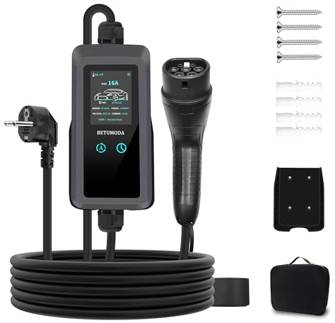BETUMODA Typ 2 Schuko EV Charger 3,68kW | 8–16A Einstellbar, 6.8m | Tragbares Ladekabel Elektroauto, Mobile Wallbox mit LCD Display, Wasserdicht IP65, Für PHEV & EV IEC 62196-2