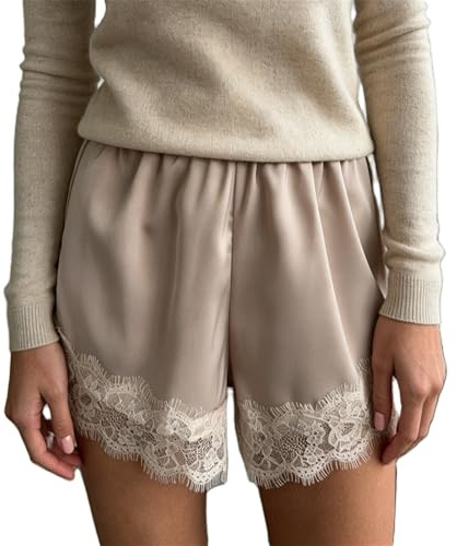 Women Lace Satin Shorts Silk Y2k Elastic Waist Mini Shorts Coquette Aesthetic Boxer Slip Pettipants French Knickers (Champagne, Large)
