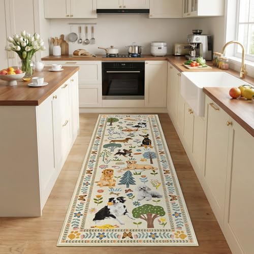 ST. BRIDGE 2x6 Runner Rug for Kitchen Hallway, Washable Dog Print Floor Mat, Soft Thin Stain Resistant Small Area Rug, Non Slip Low Pile Carpet for Entryway Bathroom Laundry Room Bedroom, Beige