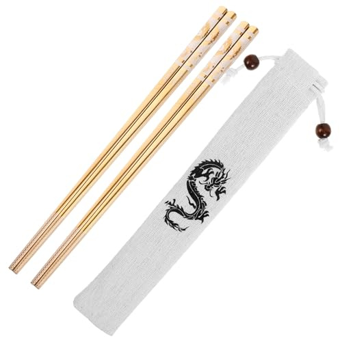 SHINEOFI Reusable Metal Chopsticks Set Lightweight Cooking Chopsticks with Dragon Pattern Non-Slip Design and Smooth Surface with Cloth Bag , for Celebrating The Lunar New Year Or Gifting