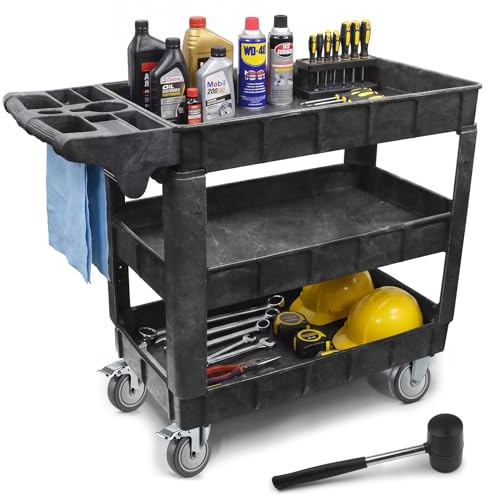 Heavy Duty 3-Tier Plastic Utility Cart on Wheels – 41 x 17 x 34, 550 lbs Load Capacity, Rolling Tool Trolley with Removable Adjustable Shelves, 2 Fixed Wheels & 2 Locking Swivel Casters for Garage,
