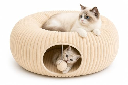 Tierschatz Katzentunnel, Katzen Tunnel Bett Katzenhöhle Kuschelbett Katzenhaus Höhle Spielzeug Indoor modernisiertes Katzenspielzeug, kreisförmiger Tunnel für Katzen, Grau und Beige (beige)