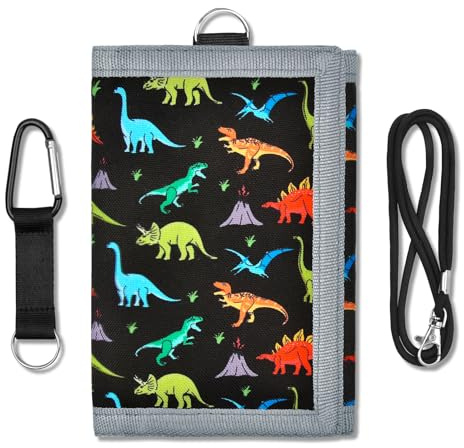 CenviaLuxy Boys Wallet for Teenagers, Trifold Kids Wallet for Boys with Lanyard and Carabiner, Coin Pocket, Card Holder, Keychain Holder, Zipper Kids Purse for Teen Boys Birthday Gifts (Dinosaur)
